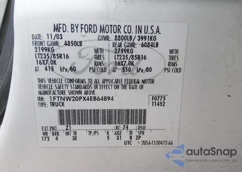 2004 Ford F-250 Lariat/Xl/Xlt из США, поврежденный, VIN 1FTNW20PX4EB64894